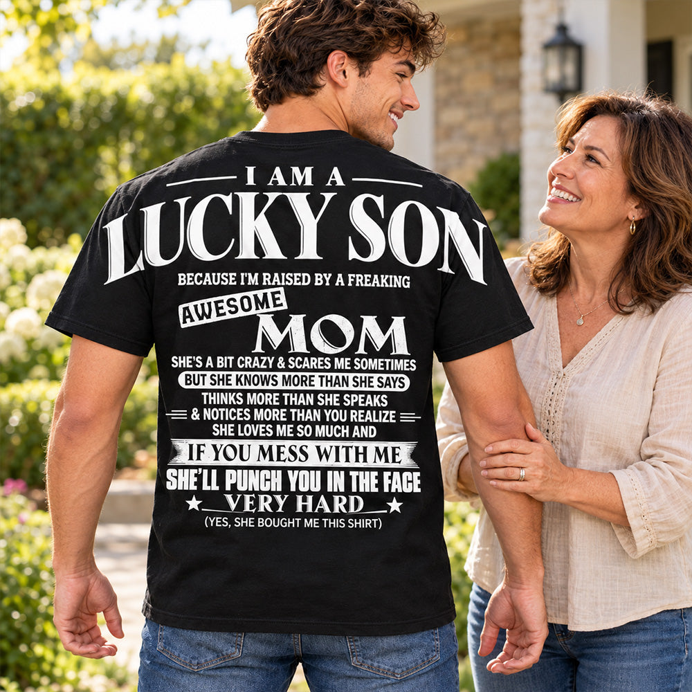 Lucky Son Shirts – Oversized Shoulder Print, Gift for Son from Mom T24