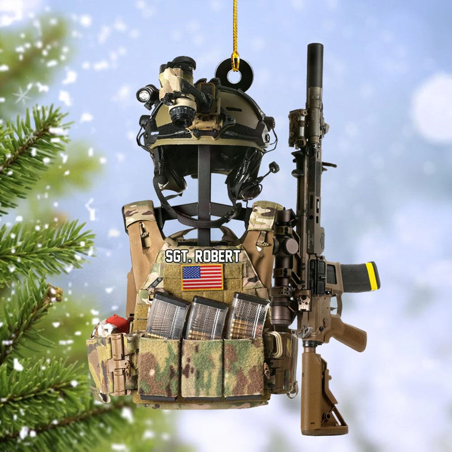 Tactical Gear Stand With Rifle Rack Christmas Ornament Custom Gift For Veteran H2511 Trna
