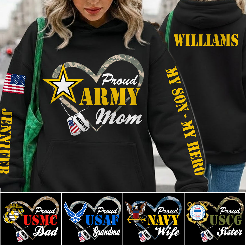 Heart Camouflage Proud Army Mom Dad Sister Family Members All Over Print Shirt Hoodie For Proud Military Family Graduate Shirt H2511 Trna