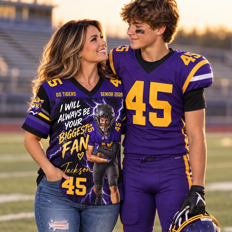 Custom Photo I Will Always Your Biggest Fan – Personalized Football Mom Jersey with Custom Photo, Name & Number H2511 Trna