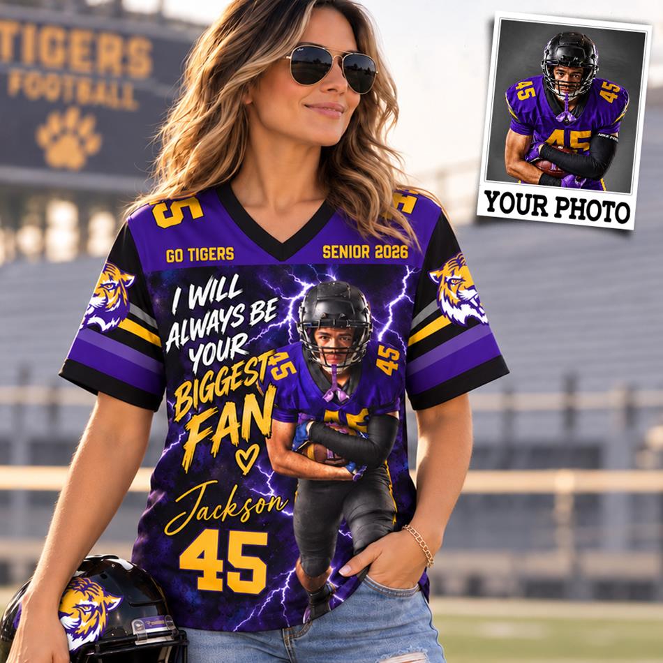Custom Photo I Will Always Your Biggest Fan – Personalized Football Mom Jersey with Custom Photo, Name & Number H2511 Trna
