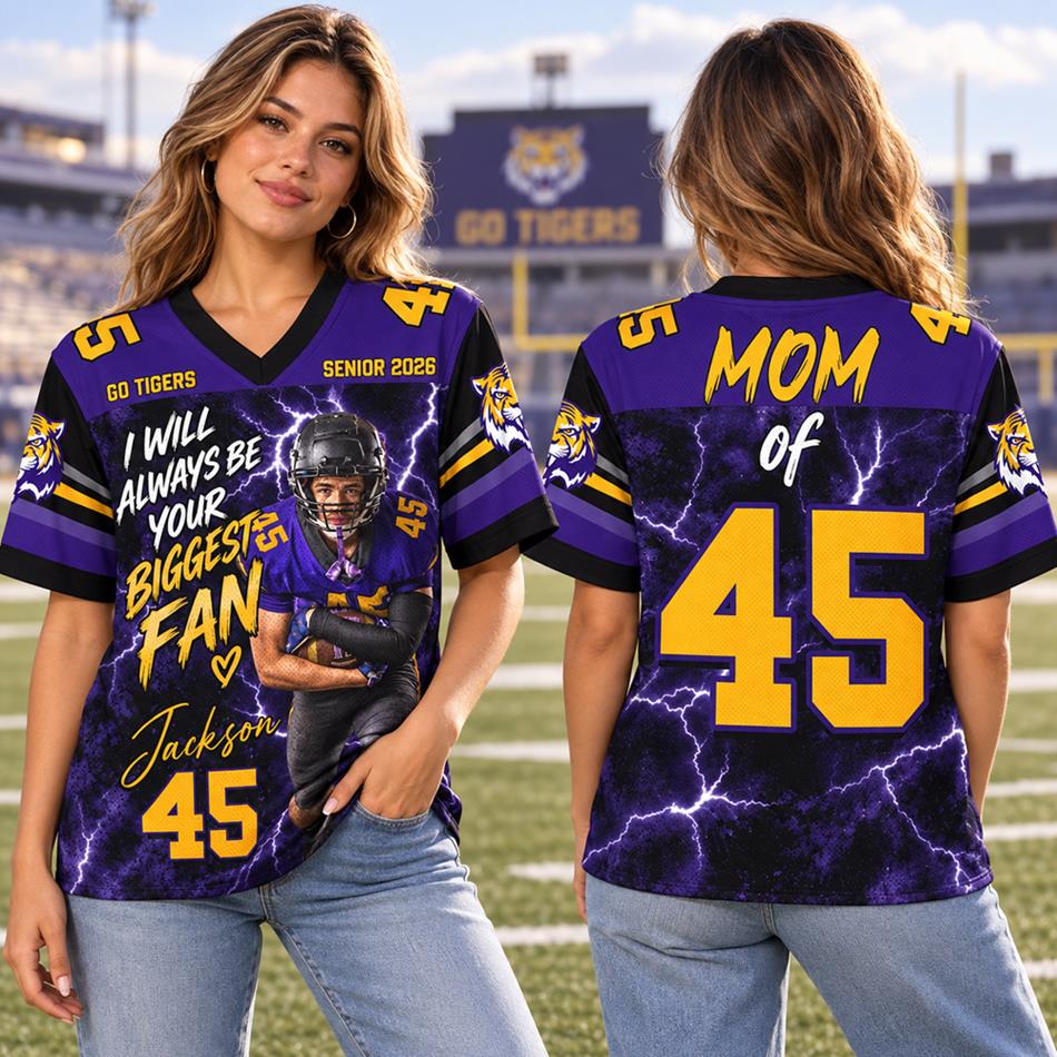 Custom Photo I Will Always Your Biggest Fan – Personalized Football Mom Jersey with Custom Photo, Name & Number H2511 Trna