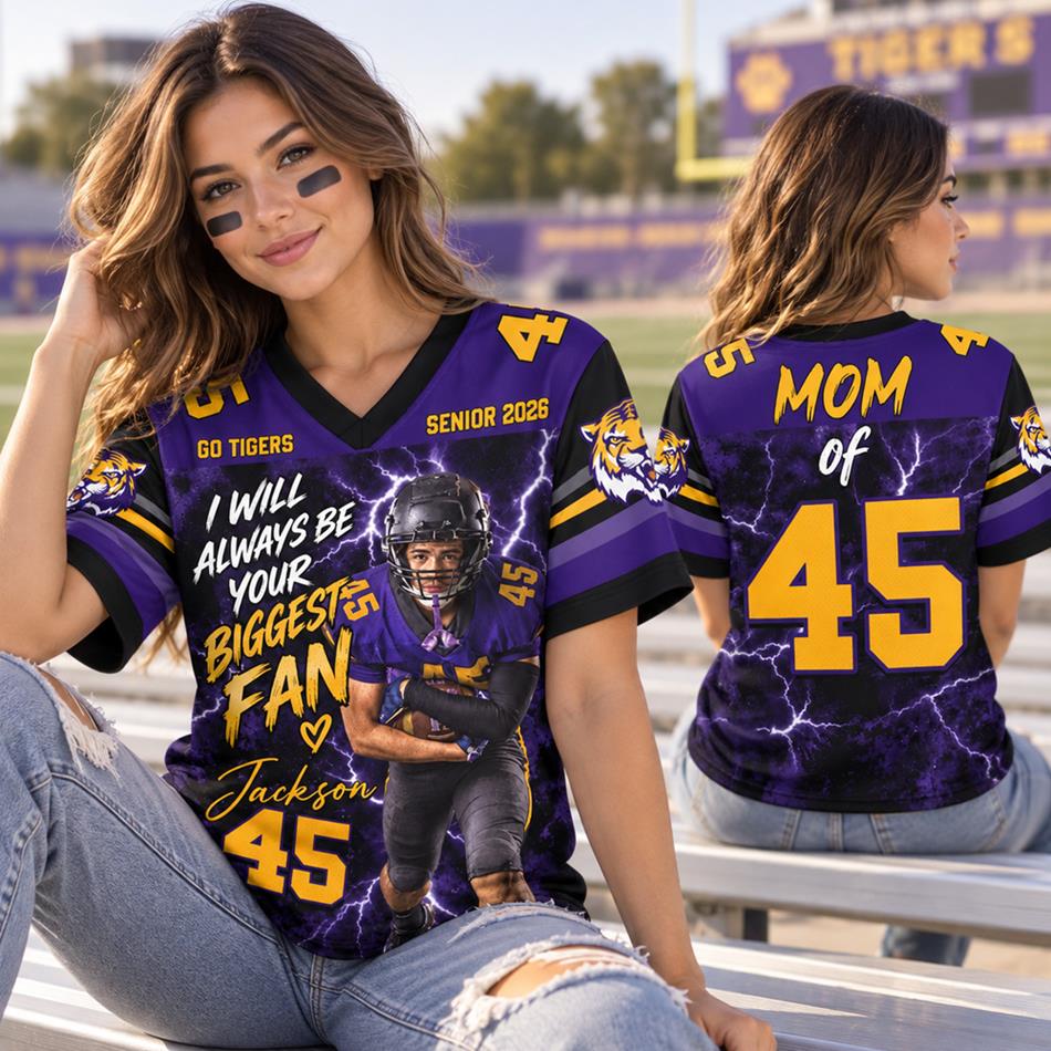 Custom Photo I Will Always Your Biggest Fan – Personalized Football Mom Jersey with Custom Photo, Name & Number H2511 Trna