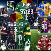 Personalized I Will Always Be Your Biggest Fan Mix 2 Teams Custom Photo All Over Print Hoodie Gift For Football Mom Dad Gameday Hoodie H2511 Trna
