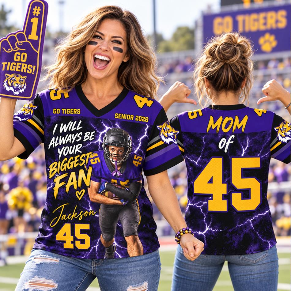 Custom Photo I Will Always Your Biggest Fan – Personalized Football Mom Jersey with Custom Photo, Name & Number H2511 Trna