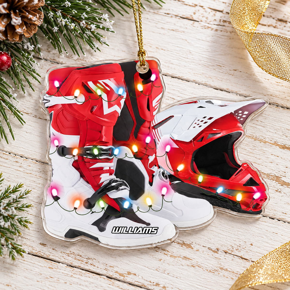 Personalized Ornament Motocross Boots Hemlet Custom Shaped Ornament, Made By Acrylic And The 2 Sides Are The Same H2511