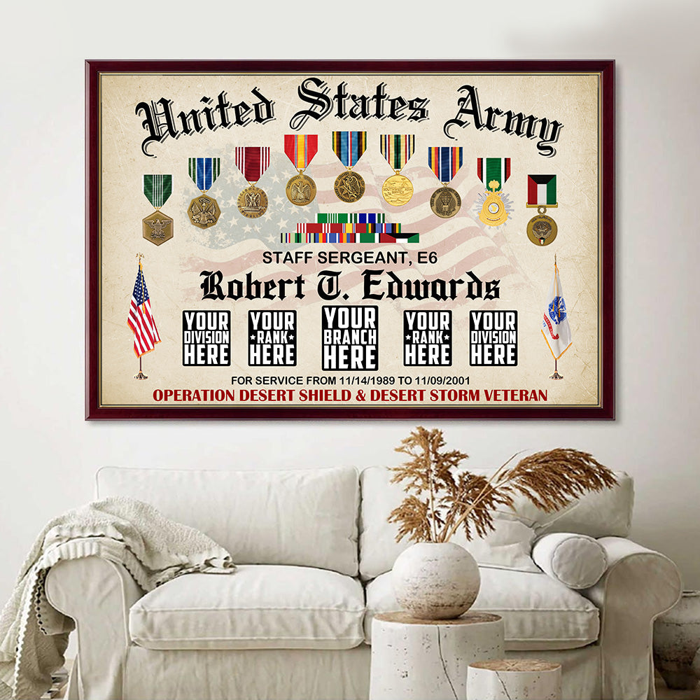 United States Army Military Shadow Box Personalized Canvas Gift For Veteran Dad Grandpa H2511