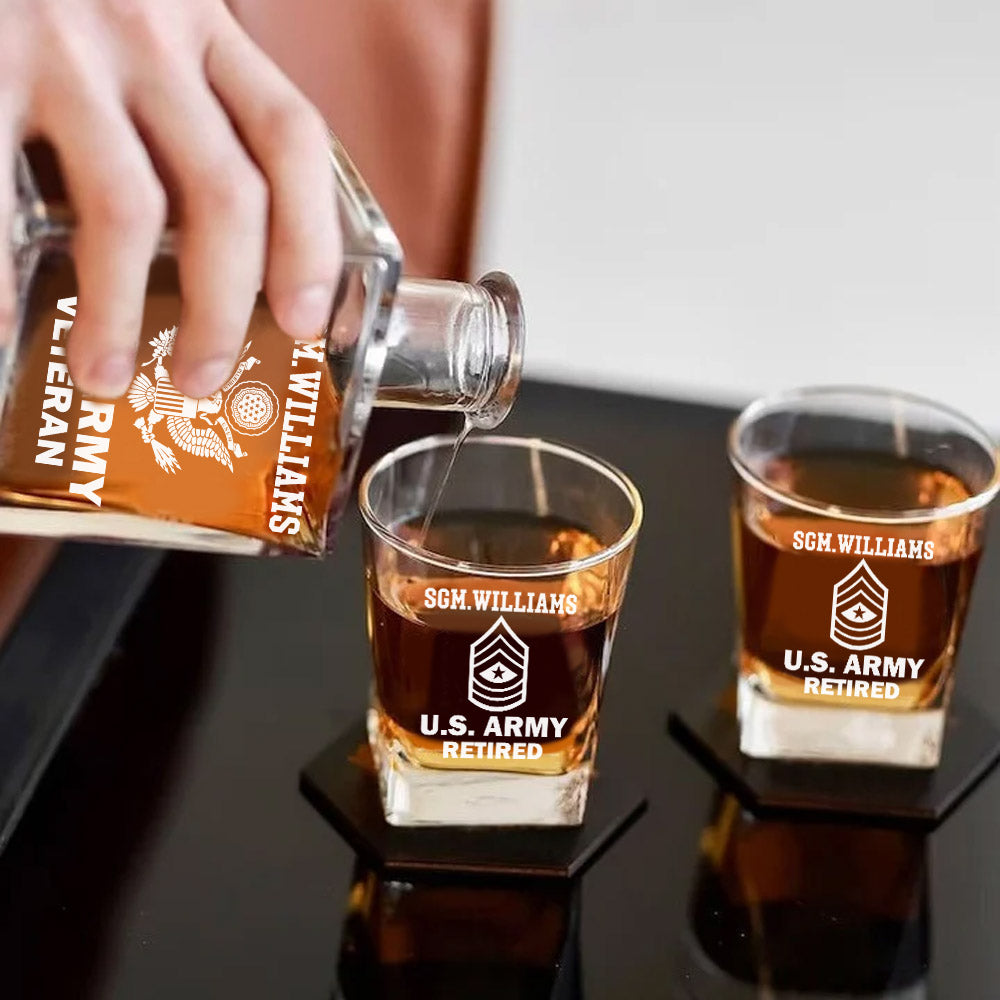 Custom Rank US Veteran Whiskey Hexagon Decanter Set Full Gift for Veteran Military Retirement H2511