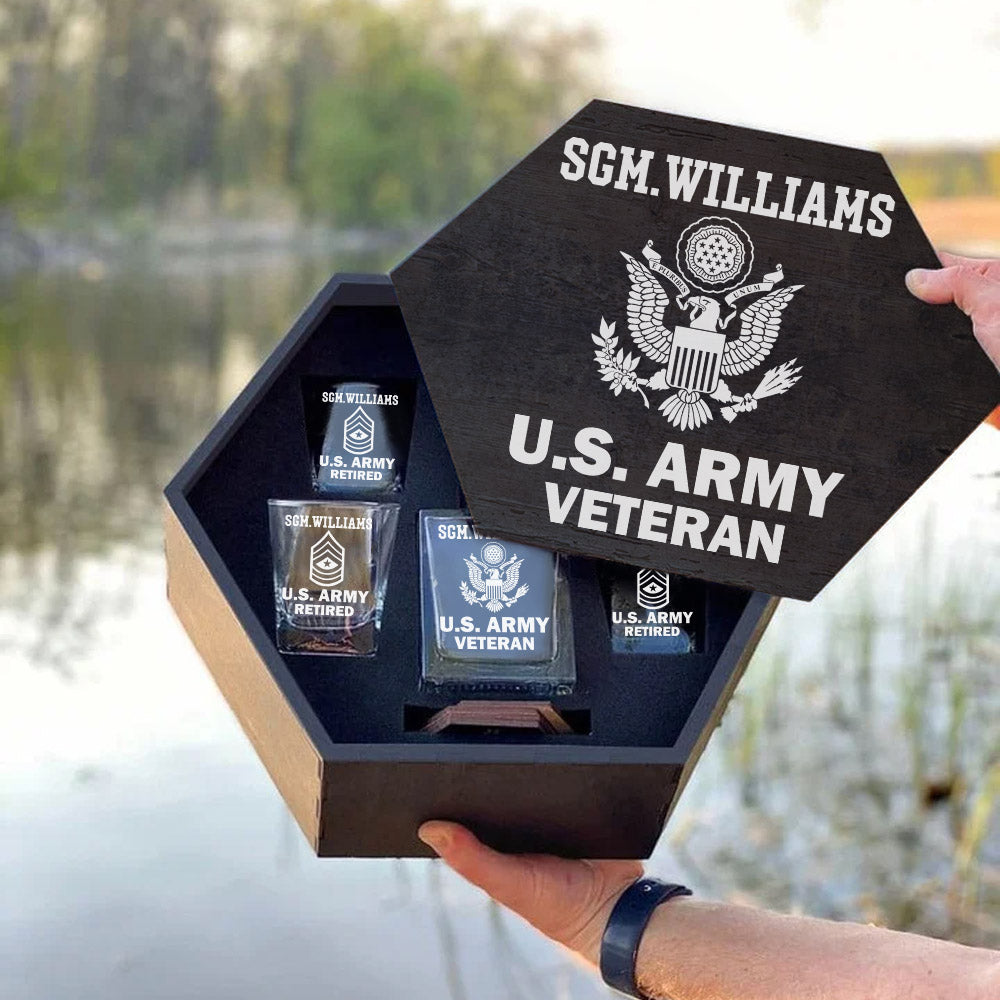 Custom Rank US Veteran Whiskey Hexagon Decanter Set Full Gift for Veteran Military Retirement H2511