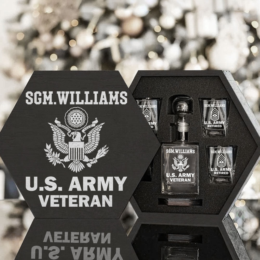 Custom Rank US Veteran Whiskey Hexagon Decanter Set Full Gift for Veteran Military Retirement H2511