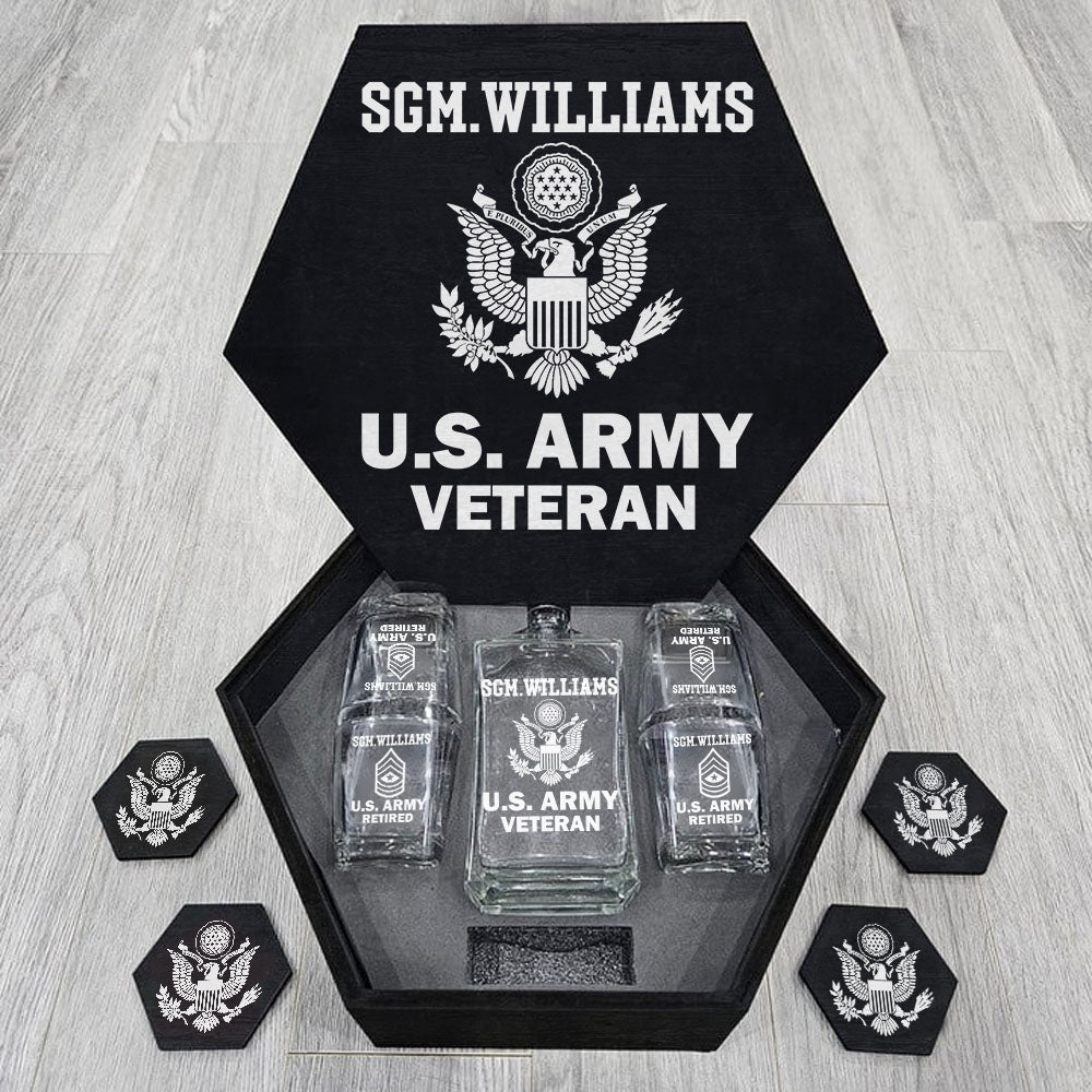 Custom Rank US Veteran Whiskey Hexagon Decanter Set Full Gift for Veteran Military Retirement H2511