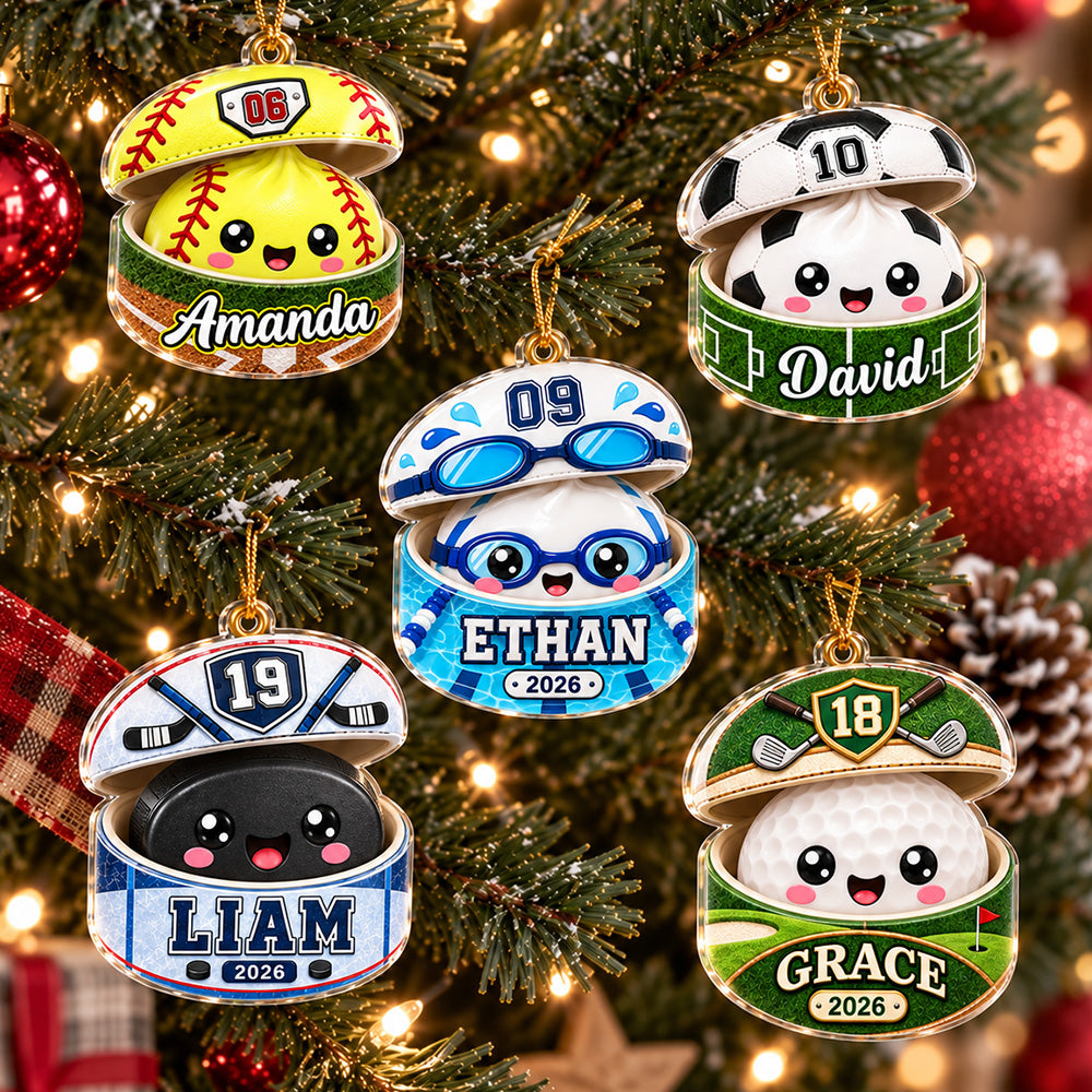 Personalized Sport Dumpling Ornament, Acrylic Squishy Style Christmas Ornament, Custom Name Ornament, Acrylic Soccer Baseball Sports Ornament T24