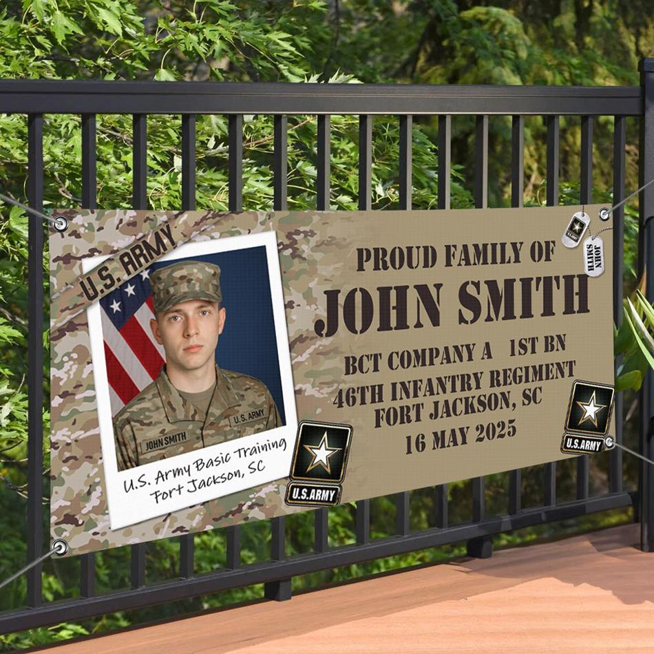 Proud Family Banner Custom Custom Soldier Photo, Recruit Training Unit Designation, Military Basic Training Graduration Day Gift H2511 Trna