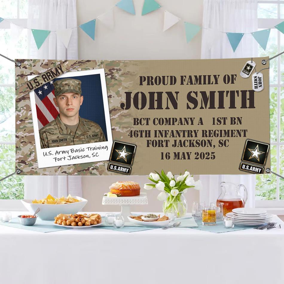 Proud Family Banner Custom Custom Soldier Photo, Recruit Training Unit Designation, Military Basic Training Graduration Day Gift H2511 Trna