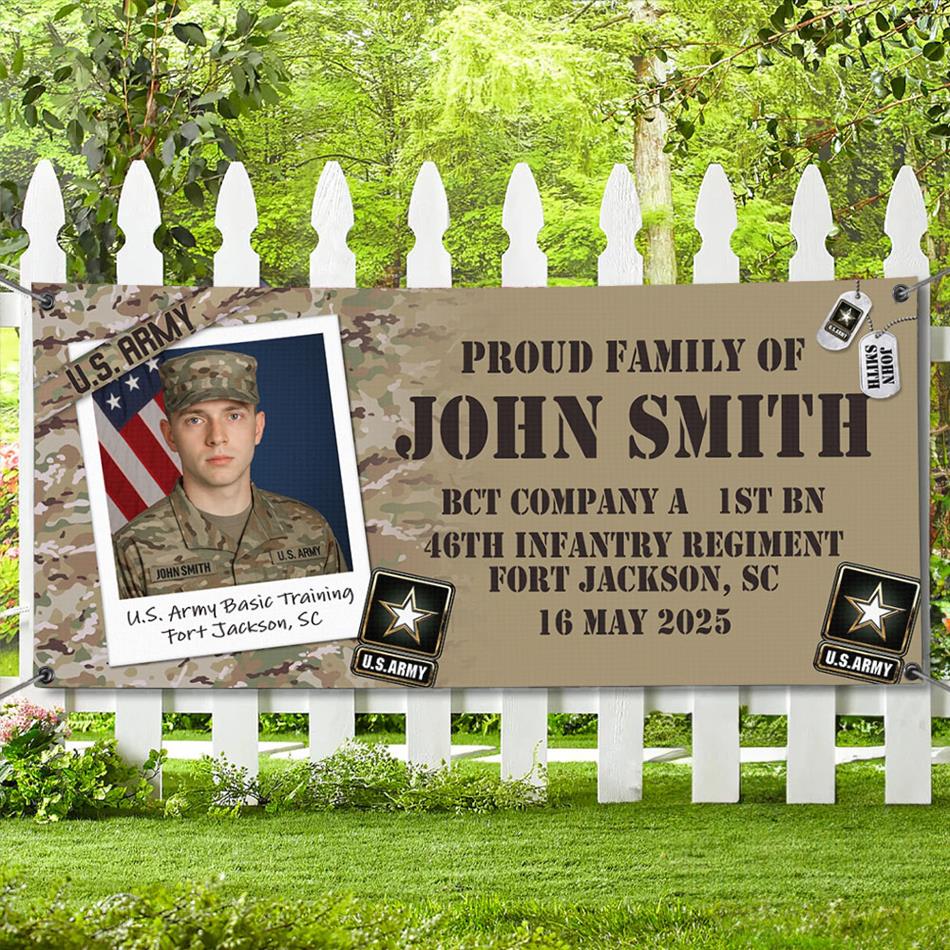 Proud Family Banner Custom Custom Soldier Photo, Recruit Training Unit Designation, Military Basic Training Graduration Day Gift H2511 Trna
