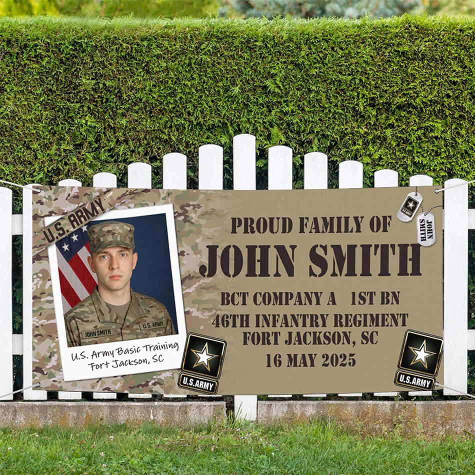 Proud Family Banner Custom Custom Soldier Photo, Recruit Training Unit Designation, Military Basic Training Graduration Day Gift H2511 Trna