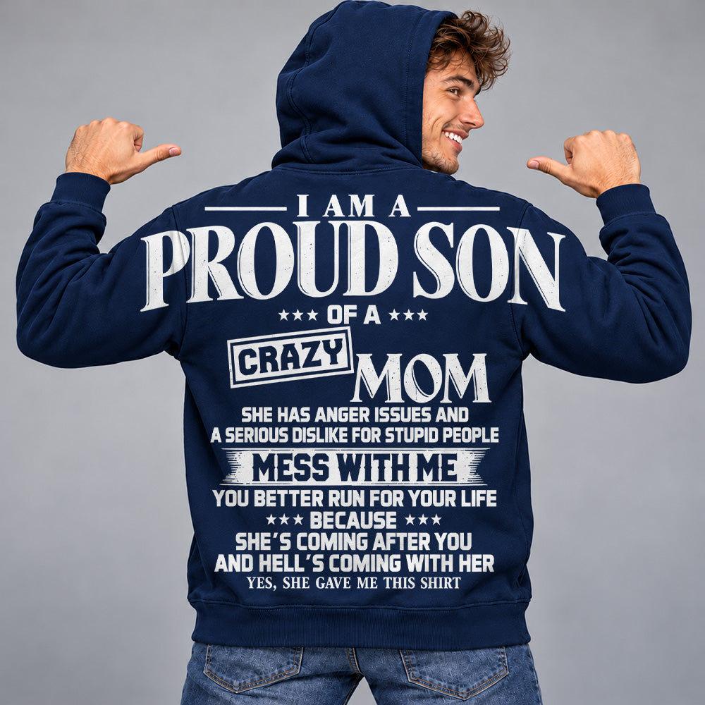 I Am A Proud Son Of A Crazy Mom Oversized Shoulder Print Shirt T24