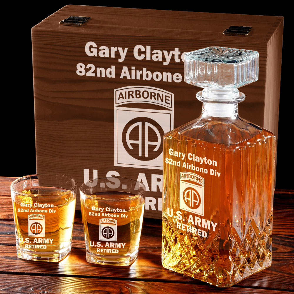 US Military Custom Dision Logo Personalized Whiskey Decanter Set Gift For Veteran Military Retired H2511