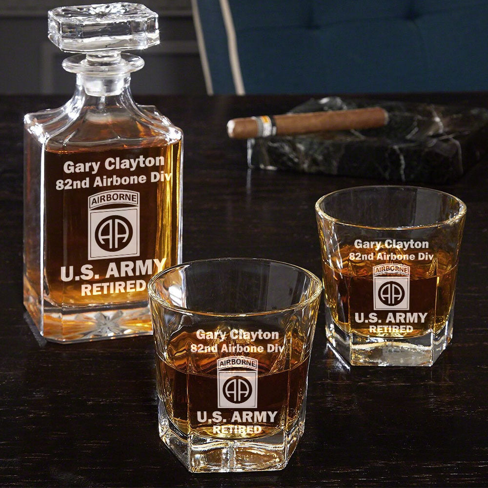 US Military Custom Dision Logo Personalized Whiskey Decanter Set Gift For Veteran Military Retired H2511
