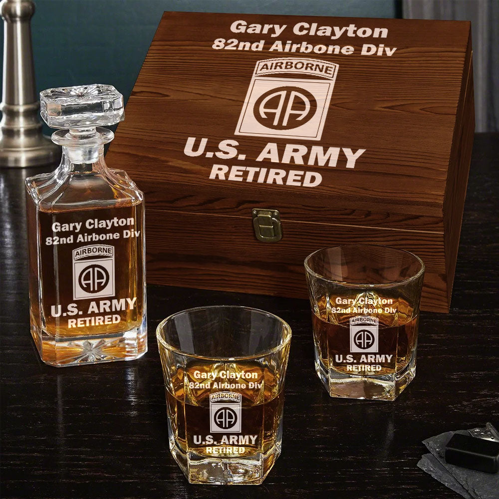 US Military Custom Dision Logo Personalized Whiskey Decanter Set Gift For Veteran Military Retired H2511