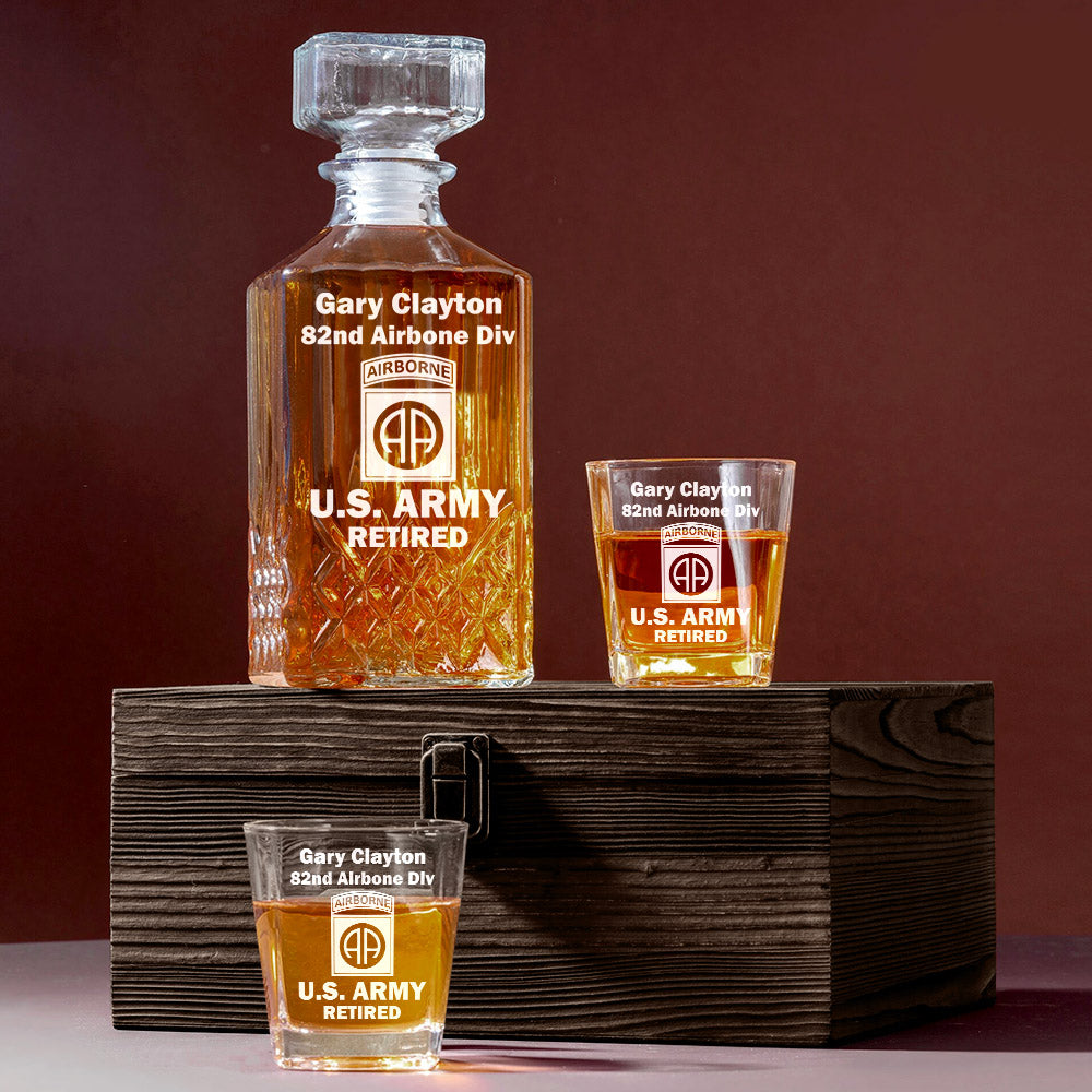 US Military Custom Dision Logo Personalized Whiskey Decanter Set Gift For Veteran Military Retired H2511