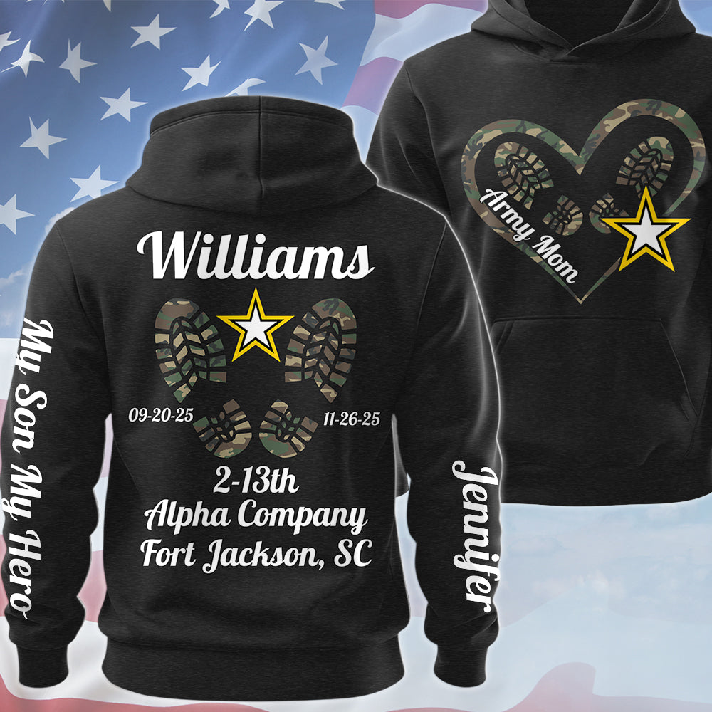Army Mom Heart Boot Print Hoodie Personalized All Over Print Shirt Hoodie Custom with Name & Unit – My Son My Hero Gift For Military Family H2511 Trna
