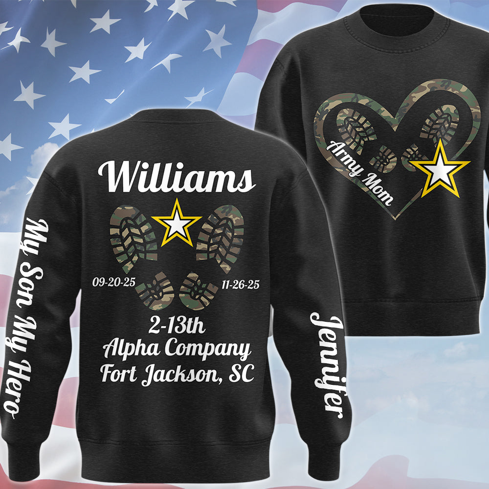 Army Mom Heart Boot Print Hoodie Personalized All Over Print Shirt Hoodie Custom with Name & Unit – My Son My Hero Gift For Military Family H2511 Trna
