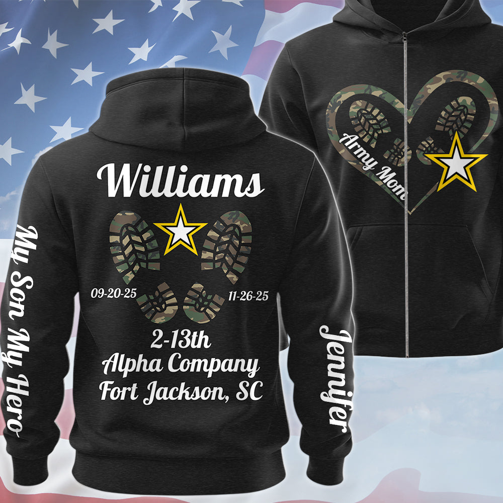 Army Mom Heart Boot Print Hoodie Personalized All Over Print Shirt Hoodie Custom with Name & Unit – My Son My Hero Gift For Military Family H2511 Trna