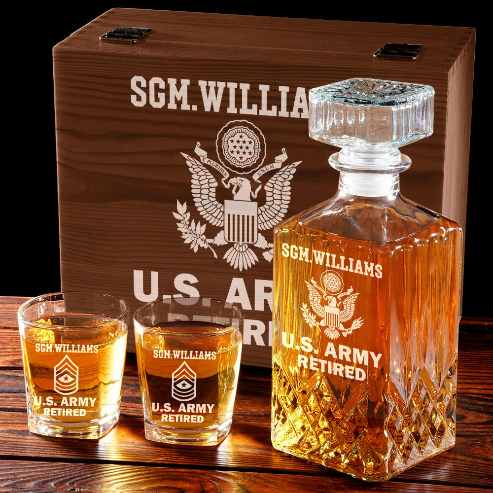 Custom Rank US Veteran Whiskey Decanter Set Gift for Veteran Military Retirement H2511