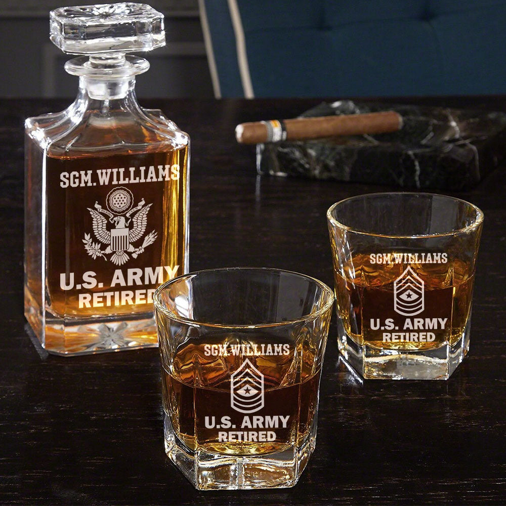 Custom Rank US Veteran Whiskey Decanter Set Gift for Veteran Military Retirement H2511