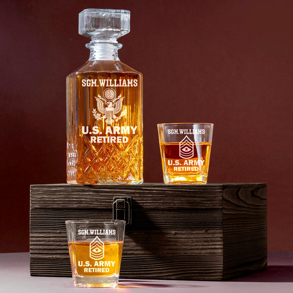 Custom Rank US Veteran Whiskey Decanter Set Gift for Veteran Military Retirement H2511