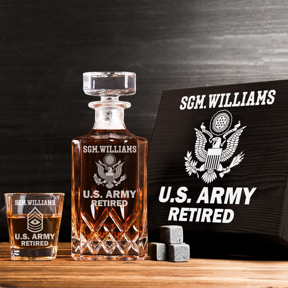Custom Rank US Veteran Whiskey Decanter Set Gift for Veteran Military Retirement H2511