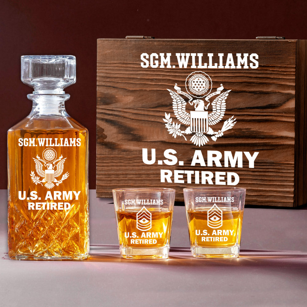 Custom Rank US Veteran Whiskey Decanter Set Gift for Veteran Military Retirement H2511