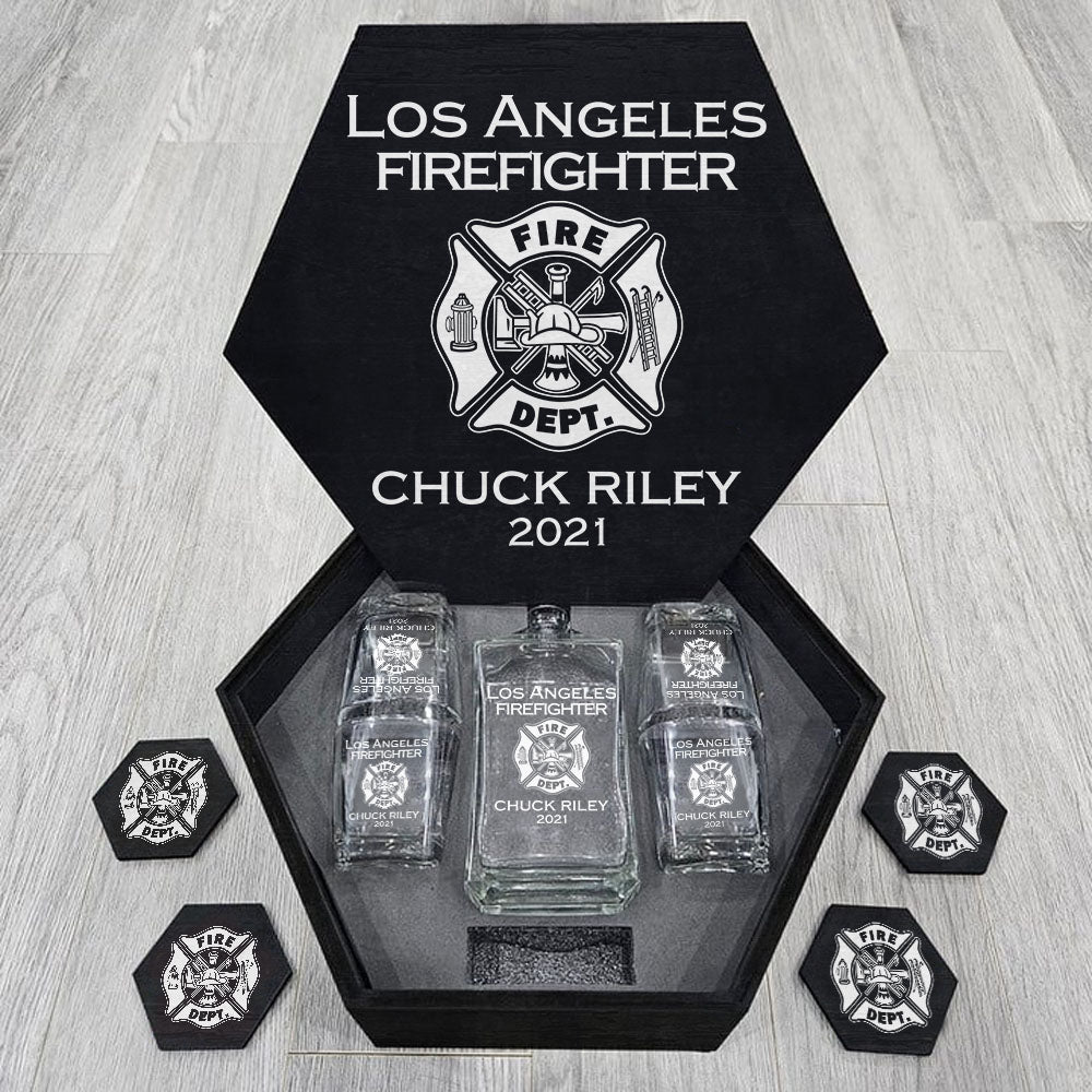 Custom EMS EMT Firefighter Decanter Set Custom Whiskey Hexagon Decanter Set Full First Responder Gift H2511