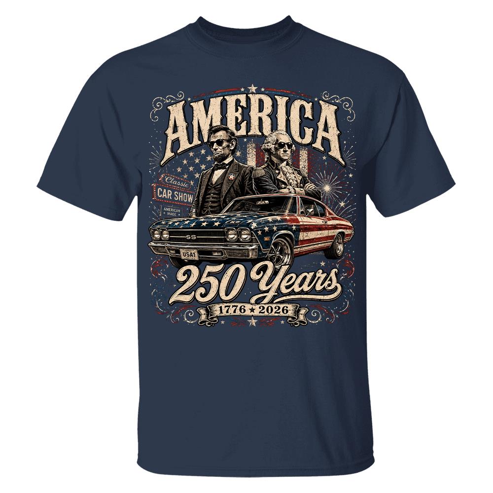 250 Years America Anniversary Classic Car Shirt, George Washington & Lincoln Playing Guitar, Funny 4th of July Tee For Car Lovers Hv01