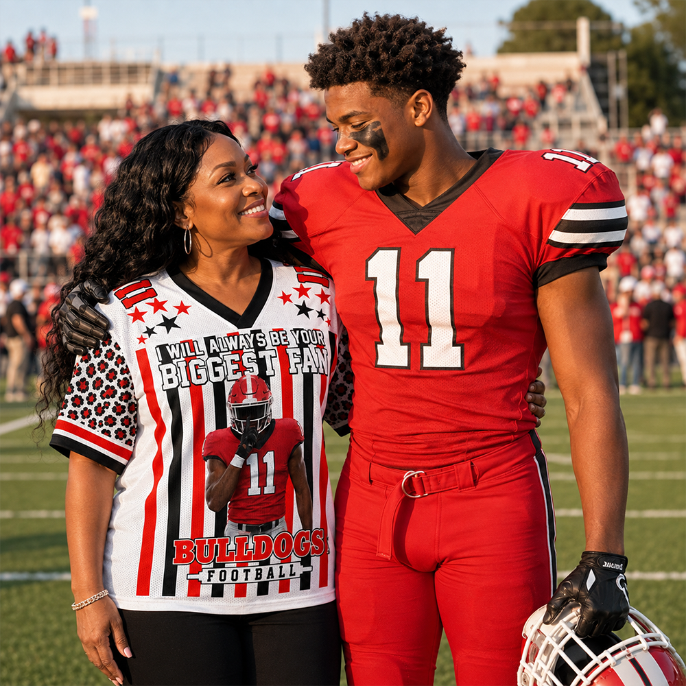 Personalized Football Jersey with Player Photo, Custom Team Name & Mascot, “I Will Always Be Your Biggest Fan” Gift for Football Mom & Grandma Hv01