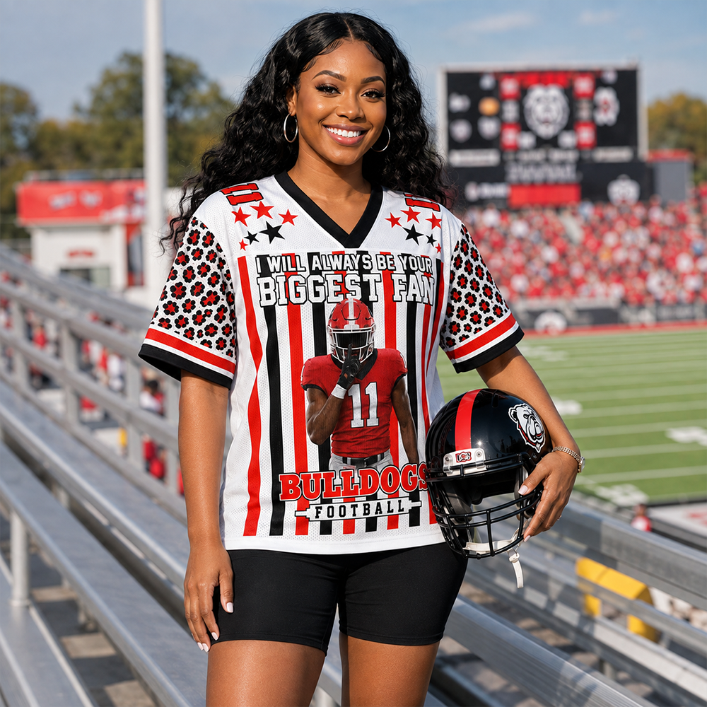 Personalized Football Jersey with Player Photo, Custom Team Name & Mascot, “I Will Always Be Your Biggest Fan” Gift for Football Mom & Grandma Hv01