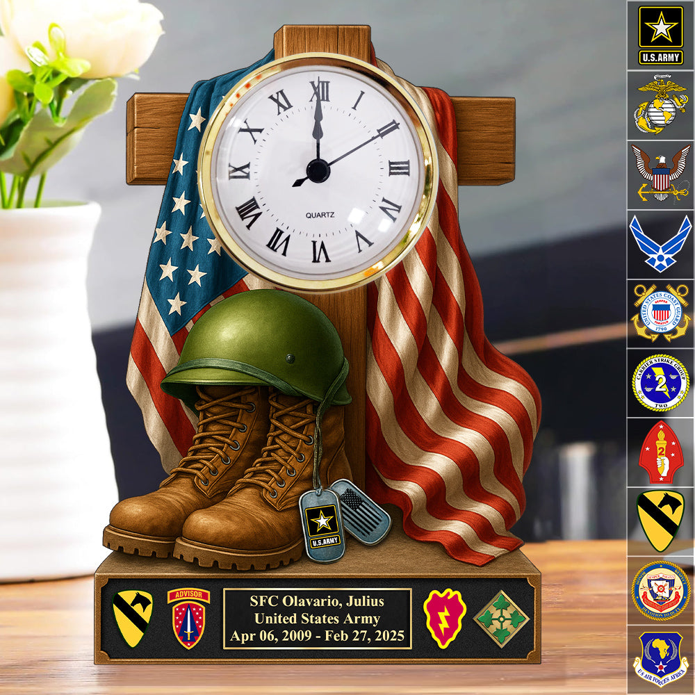 Memorial Day Patriotic Cross Veteran Boots Helmet Dog Tags - Personalized Acrylic Desk Clock Plaque Gift For Military Veteran H2511 Trna
