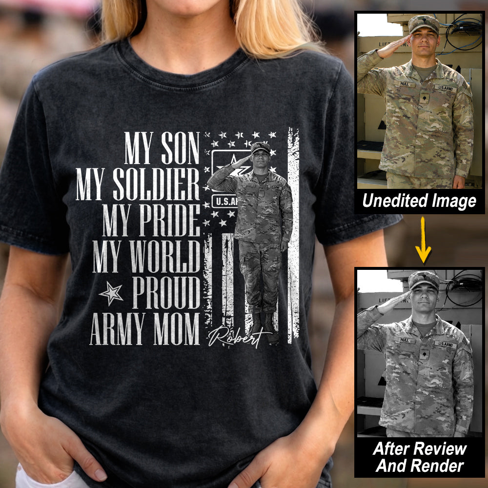 He Is Not Just A Soldier He Is My Son Grunge Flag Retro Vintage Photo - Personalized Shirt Custom Graduate Picture Shirt Military Family Matching Shirt H2511 Trna