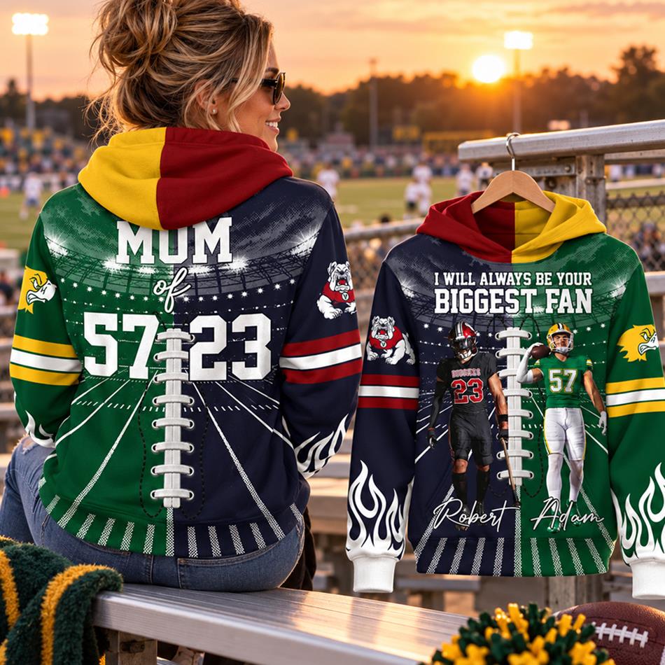 Personalized I Will Always Be Your Biggest Fan Mix 2 Teams Custom Photo All Over Print Hoodie Gift For Football Mom Dad Gameday Hoodie H2511 Trna