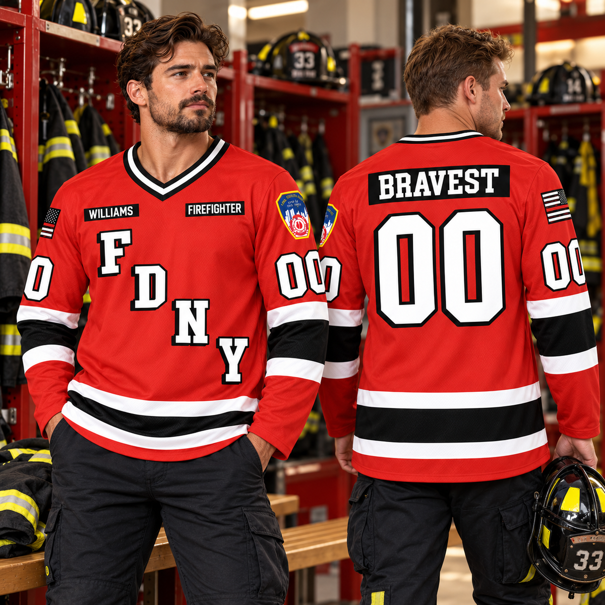Premium Hockey Jersey For US Firefighter Custom Dept Name Number Thin Red Line Flag H2511