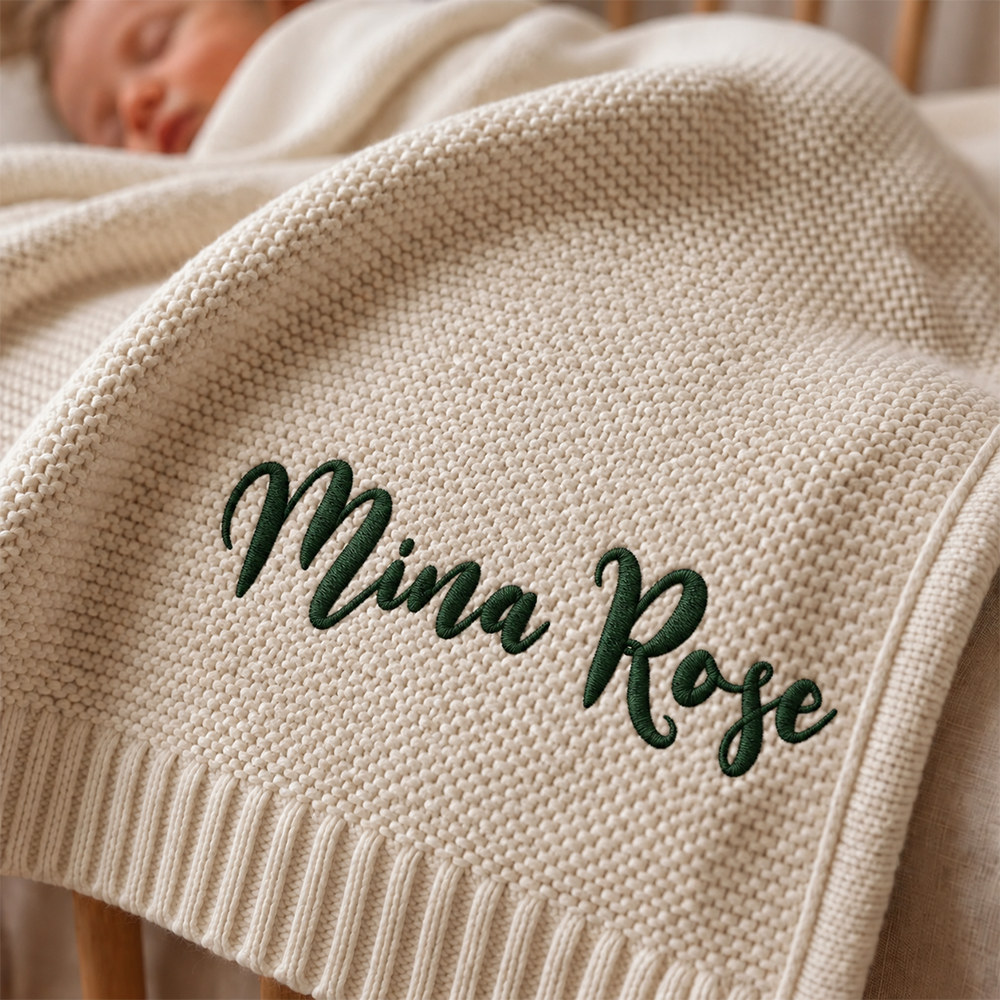 Embroidered Knit Baby Blanket, Soft Cotton Knit Baby Blanket, Custom Baby Name Blanket, Baby Shower Gift, Newborn Blanket, Keepsake Gift for Baby Pt99