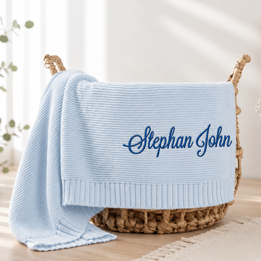 Embroidered Knit Baby Blanket, Soft Cotton Knit Baby Blanket, Custom Baby Name Blanket, Baby Shower Gift, Newborn Blanket, Keepsake Gift for Baby Pt99