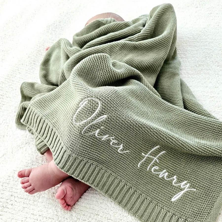 Embroidered Knit Baby Blanket, Soft Cotton Knit Baby Blanket, Custom Baby Name Blanket, Baby Shower Gift, Newborn Blanket, Keepsake Gift for Baby Pt99