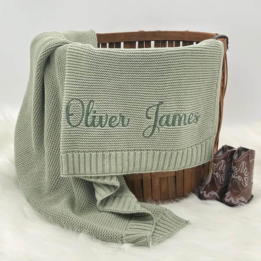 Embroidered Knit Baby Blanket, Soft Cotton Knit Baby Blanket, Custom Baby Name Blanket, Baby Shower Gift, Newborn Blanket, Keepsake Gift for Baby Pt99