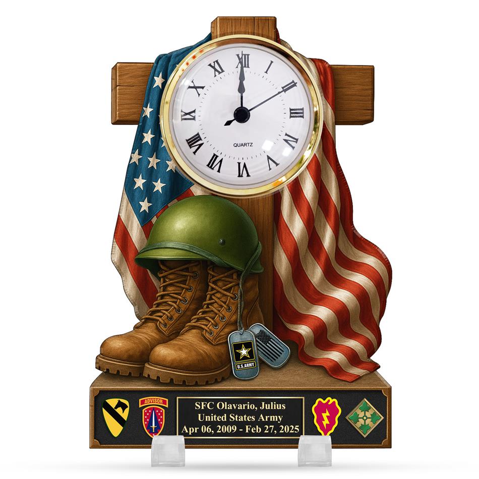 Memorial Day Patriotic Cross Veteran Boots Helmet Dog Tags - Personalized Acrylic Desk Clock Plaque Gift For Military Veteran H2511 Trna