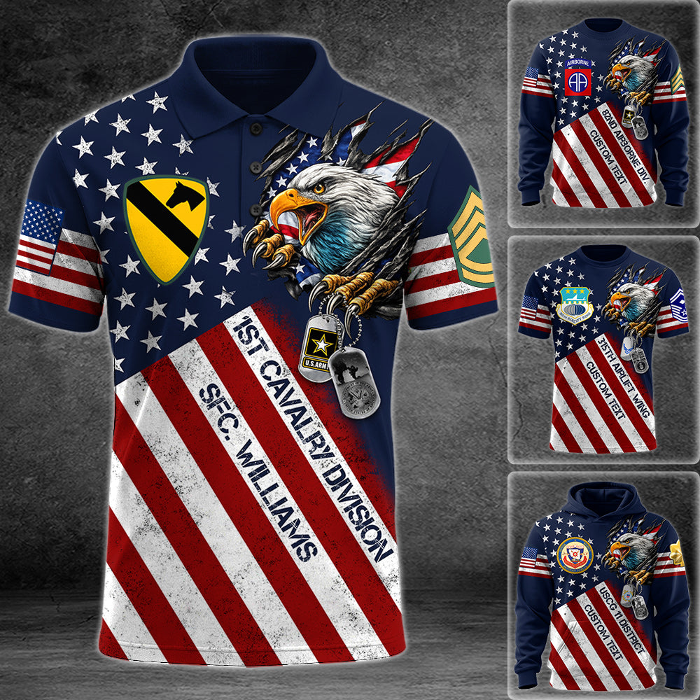Bald Eagle Ripped Flag All Over Print Shirt Custom Division Rank Shirt Hoodie For Soldier Veteran Patriot Shirt H2511 Trna