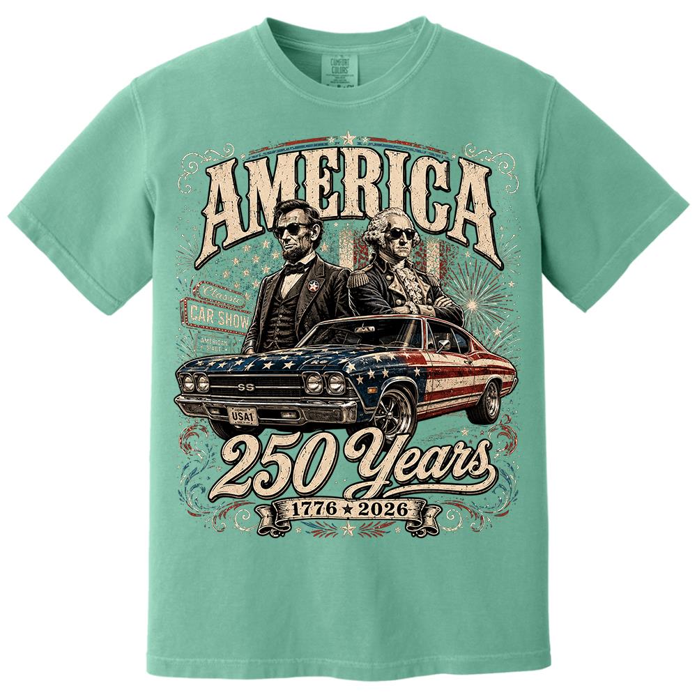 250 Years America Anniversary Classic Car Shirt, George Washington & Lincoln Playing Guitar, Funny 4th of July Tee For Car Lovers Hv01