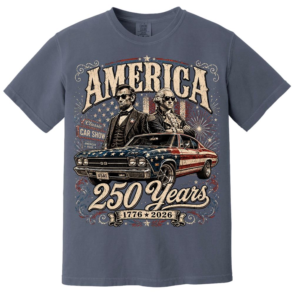 250 Years America Anniversary Classic Car Shirt, George Washington & Lincoln Playing Guitar, Funny 4th of July Tee For Car Lovers Hv01