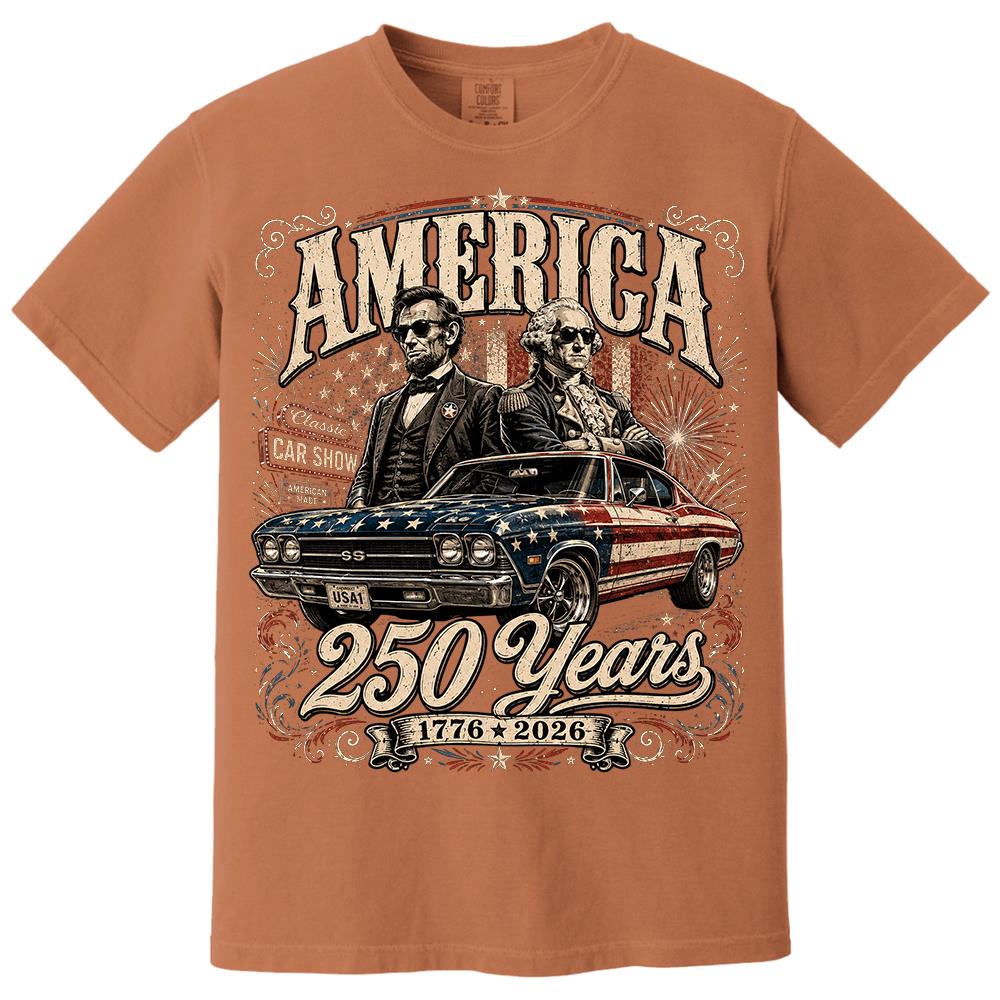 250 Years America Anniversary Classic Car Shirt, George Washington & Lincoln Playing Guitar, Funny 4th of July Tee For Car Lovers Hv01